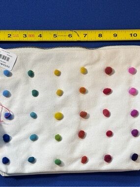 Paper Source NWT White Canvas Pouch with Multicolor Pom Dot Accents
